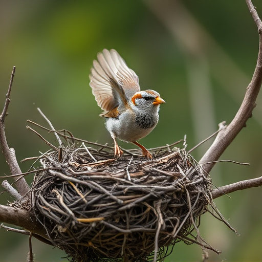 Sparrow leaving an abandoned nest