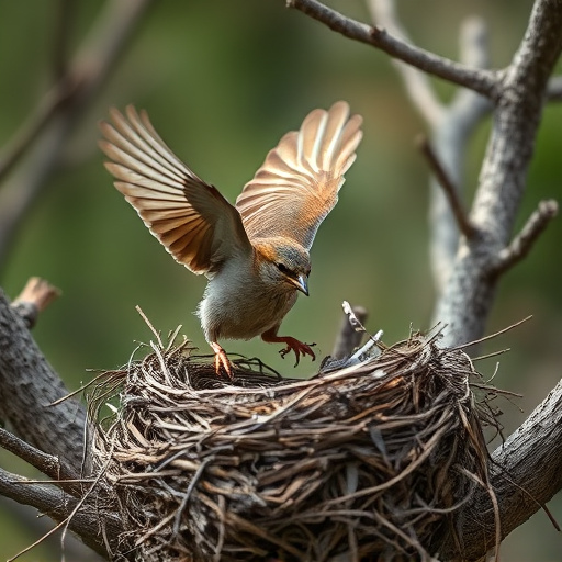 Sparrow leaving an abandoned nest