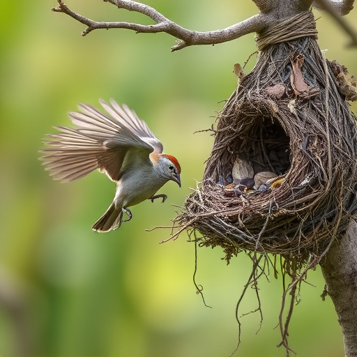 Sparrow leaving an abandoned nest