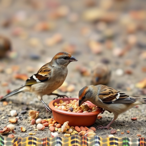 Sparrows eating seeds on ground