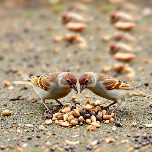 Sparrows eating seeds on ground