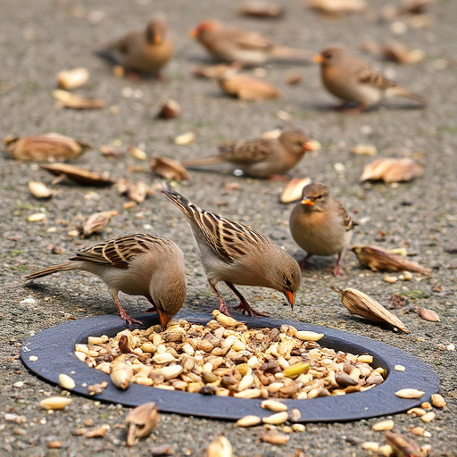 Sparrows eating seeds on ground