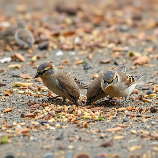 Sparrows eating seeds on ground