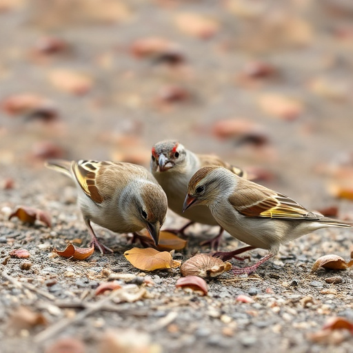 Sparrows eating seeds on ground