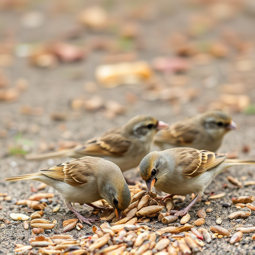 Sparrows eating seeds on ground