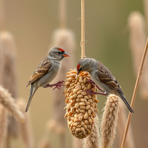 Sparrows feeding on millet seeds