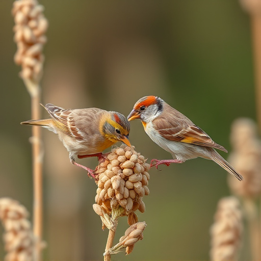 Sparrows feeding on millet seeds