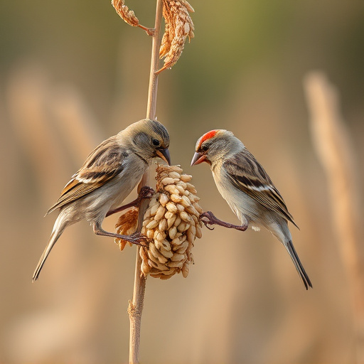 Sparrows feeding on millet seeds