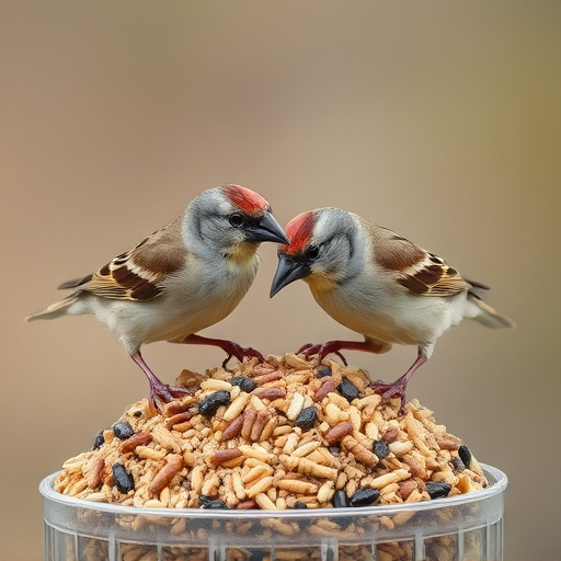 Sparrows feeding on seed mix
