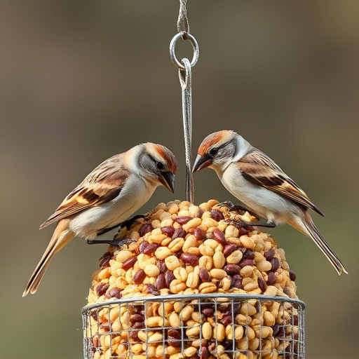 Sparrows feeding on seed mix