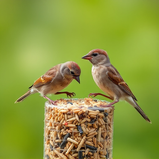 Sparrows feeding on seed mix
