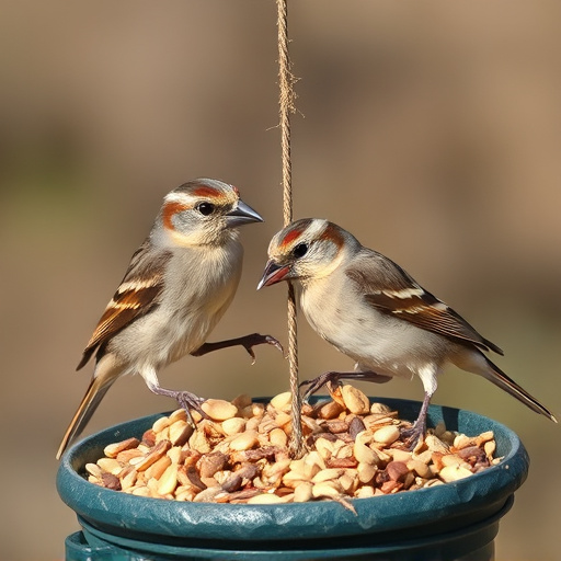 Sparrows feeding on seed mix