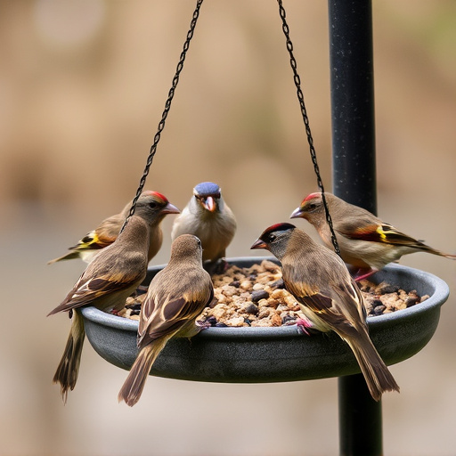 Sparrows gathering around seed tray