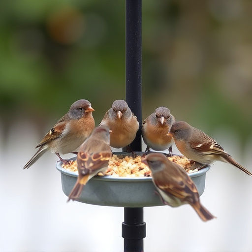 Sparrows gathering around seed tray