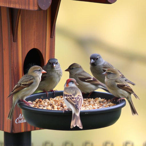 Sparrows gathering around seed tray