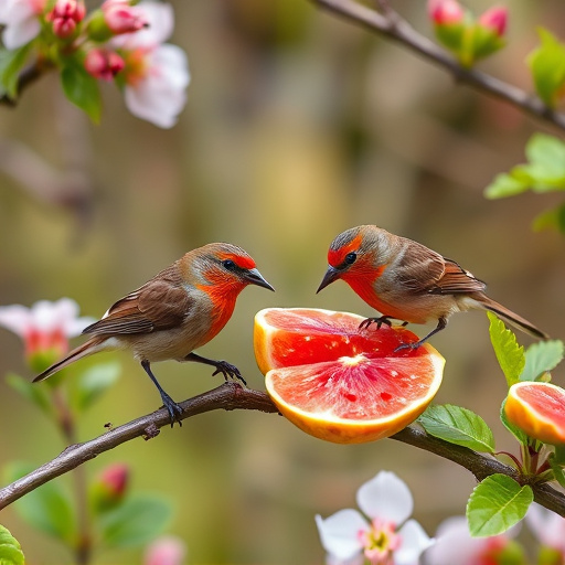 Spring garden birds eating fruit slices