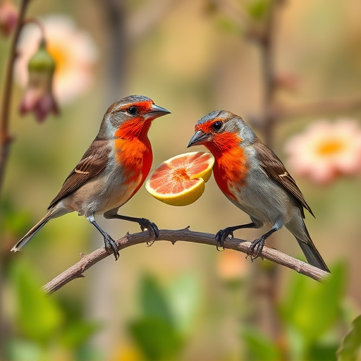 Spring garden birds eating fruit slices