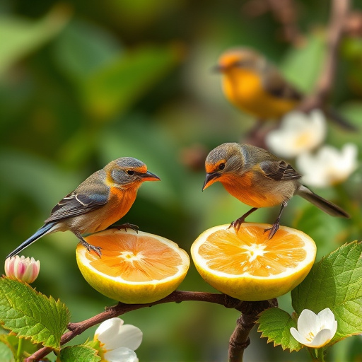 Spring garden birds eating fruit slices