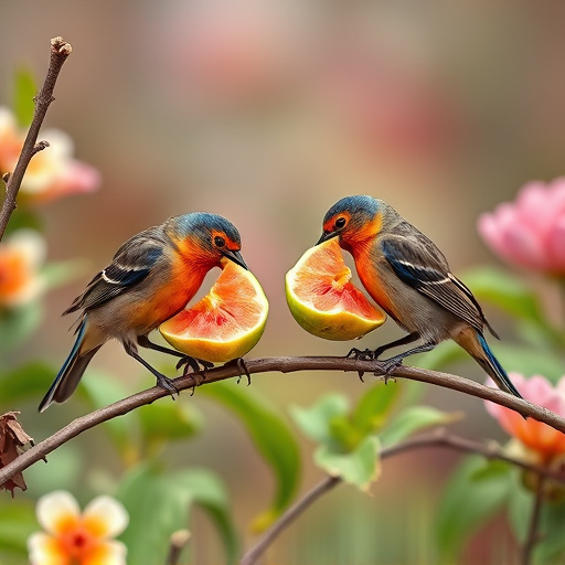 Spring garden birds eating fruit slices