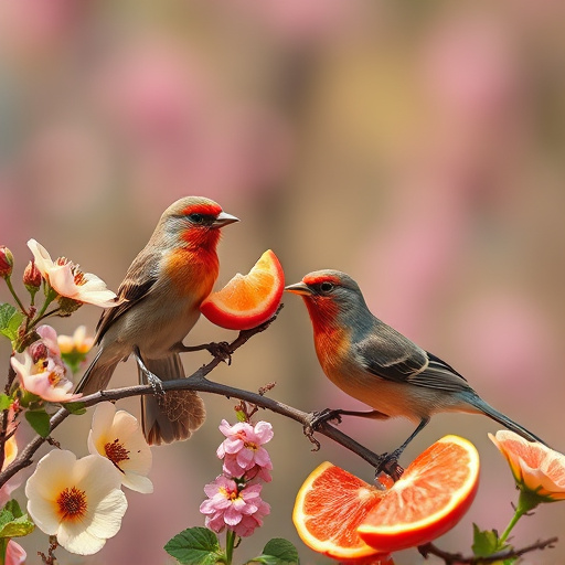 Spring garden birds eating fruit slices