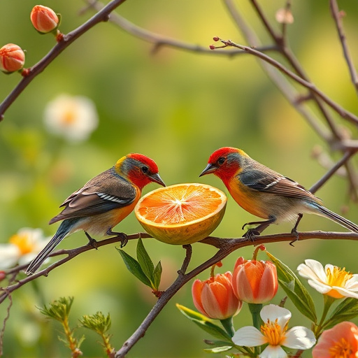 Spring garden birds eating fruit slices