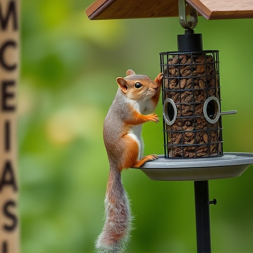 Squirrel climbing near protected bird feeder