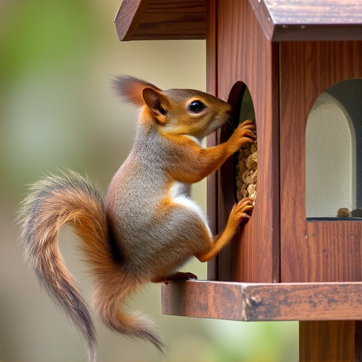 Squirrel climbing near protected bird feeder