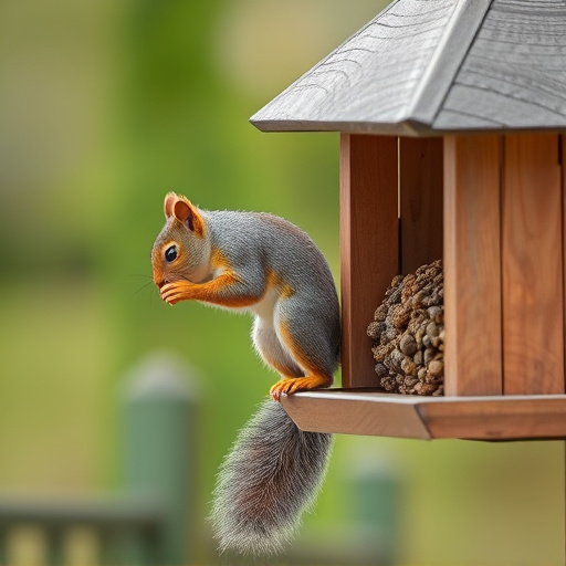 Squirrel climbing near protected bird feeder