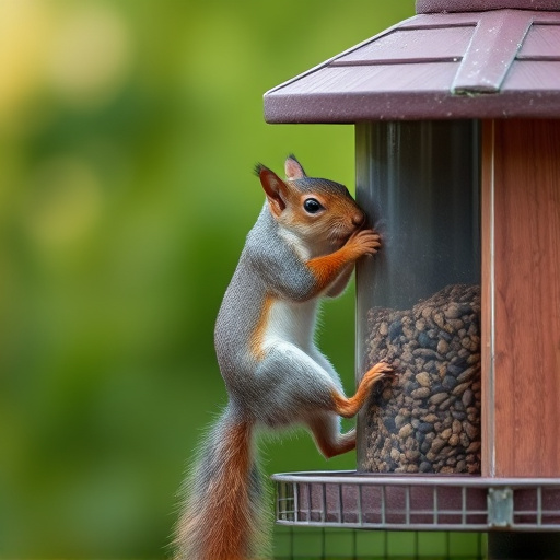 Squirrel climbing near protected bird feeder