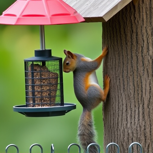 Squirrel climbing near protected bird feeder