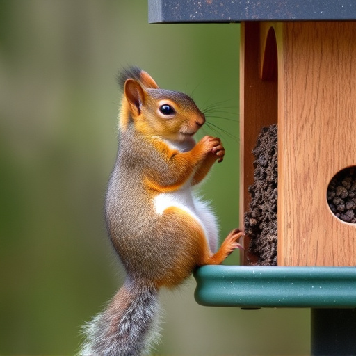 Squirrel climbing near protected bird feeder
