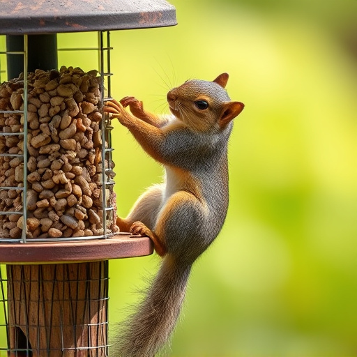 Squirrel climbing near protected bird feeder