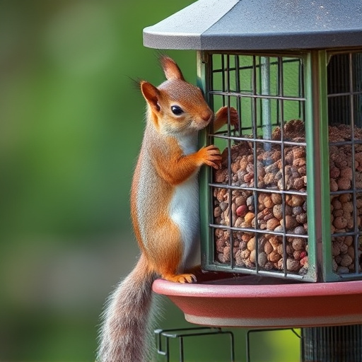 Squirrel climbing near protected bird feeder
