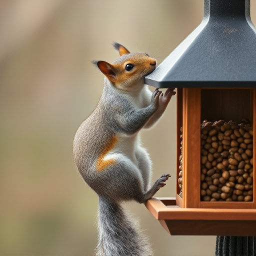 Squirrel climbing near protected bird feeder