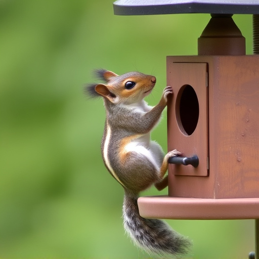 Squirrel climbing near protected bird feeder