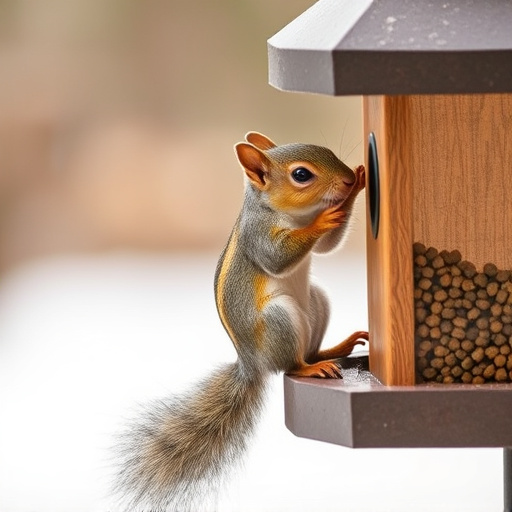 Squirrel climbing near protected bird feeder