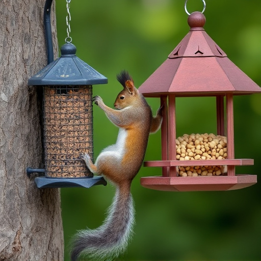 Squirrel climbing near protected bird feeder