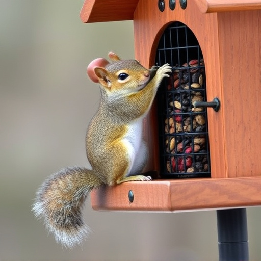 Squirrel climbing near protected bird feeder