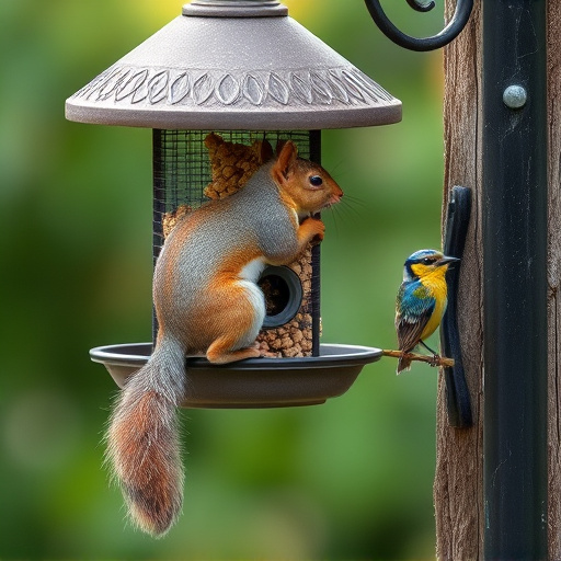 Squirrel climbing near protected bird feeder