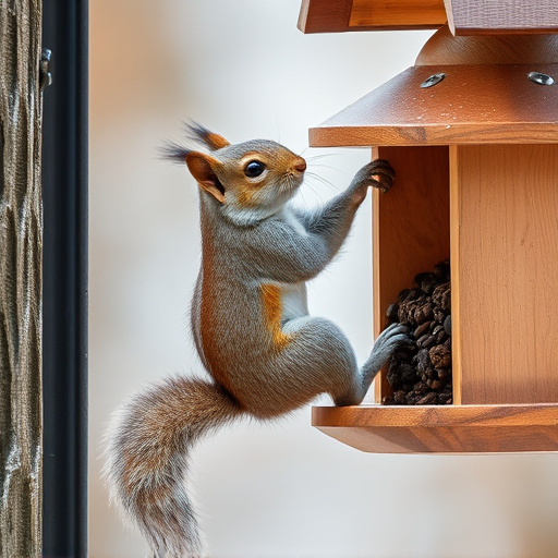 Squirrel climbing near protected bird feeder