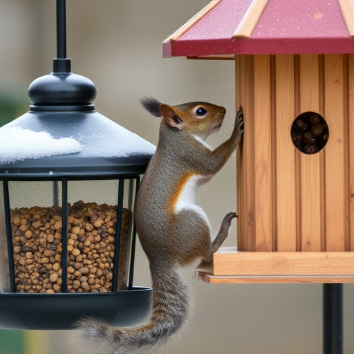 Squirrel climbing near protected bird feeder