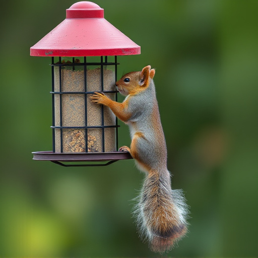 Squirrel climbing near protected bird feeder