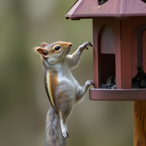 Squirrel climbing near protected bird feeder