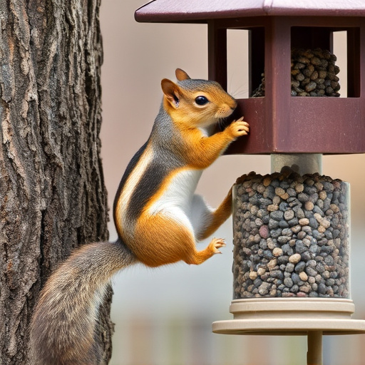 Squirrel climbing near protected bird feeder