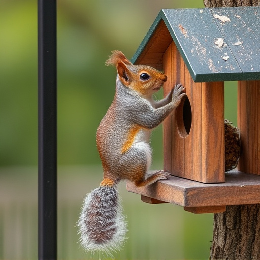 Squirrel climbing near protected bird feeder