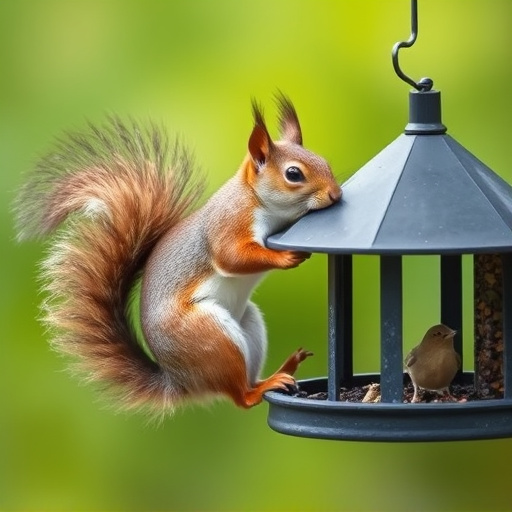 Squirrel climbing near protected bird feeder