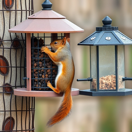 Squirrel climbing near protected bird feeder