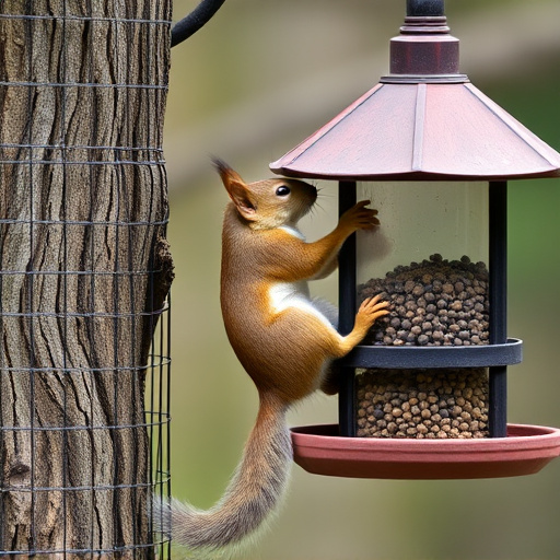 Squirrel climbing near protected bird feeder
