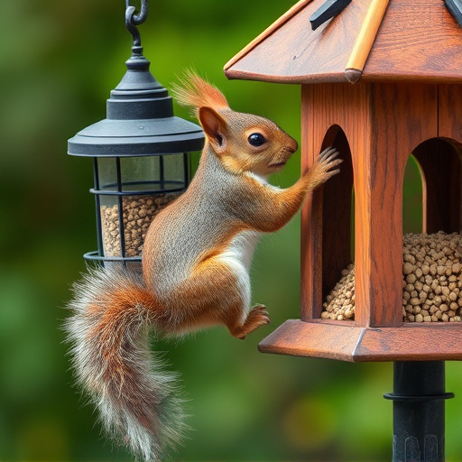 Squirrel climbing near protected bird feeder