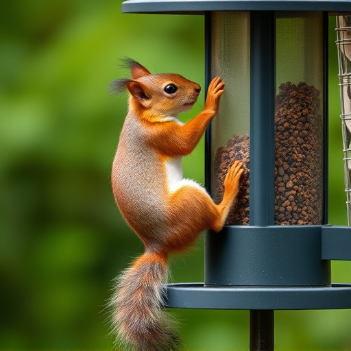Squirrel climbing near protected bird feeder